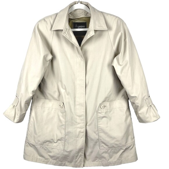 VTG LONDON FOG Trench Coat Womens SZ 12 Lt Beige Faux Fur lining Pockets Y2K 80s - Picture 1 of 10